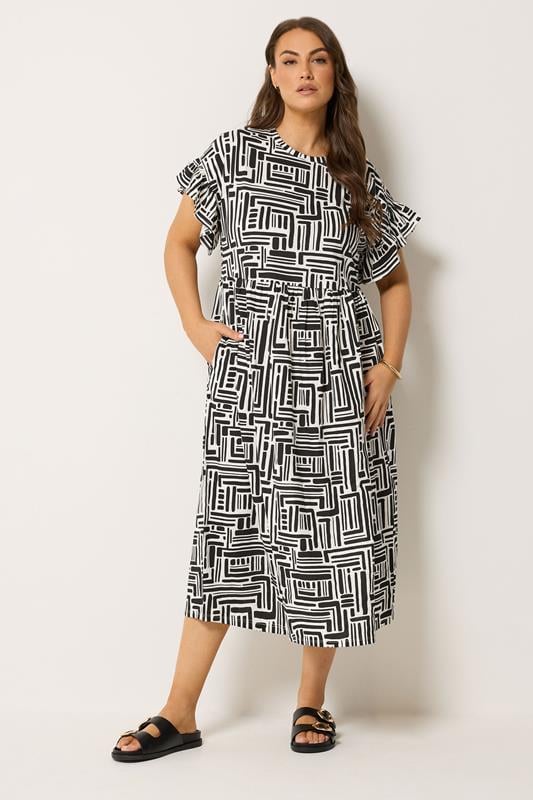  YOURS Curve Black Abstract Frill Sleeve Dress