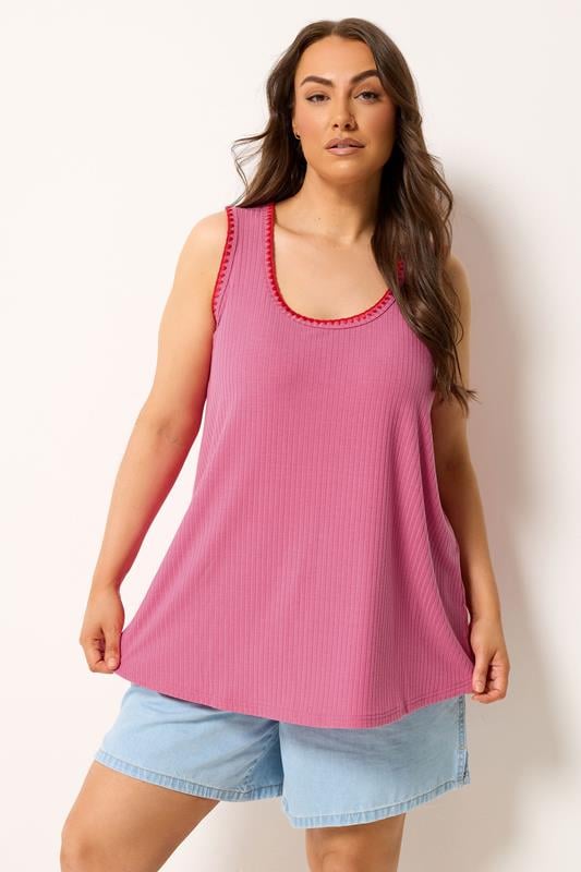 YOURS Plus Size Hot Pink Contrast Blanket Stitch Ribbed Vest Top | Yours Clothing 1