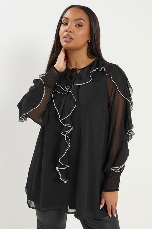  YOURS Curve Black Contrast Ruffle Trim Blouse
