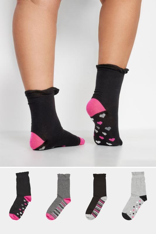 Plus Size  YOURS 4 PACK Black Heart & Stripe Print Footbed Ankle Socks