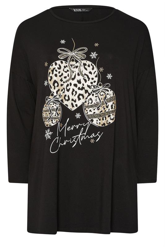 YOURS Plus Size Black Glitter Leopard Christmas Bauble Novelty Top | Yours Clothing 5
