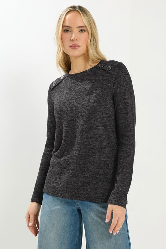 LTS Tall Grey Marl Button Long Sleeve Top