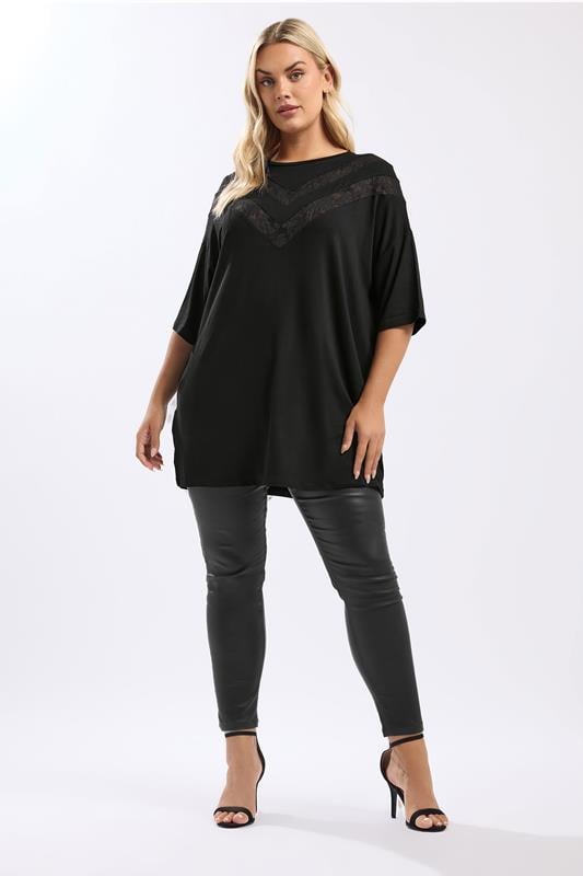 YOURS Plus Size Black Chevron Lace Insert T-Shirt | Yours Clothing 1