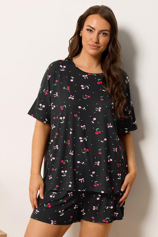 YOURS Curve Black Cherry & Bows Soft Touch Short Pyjama Set