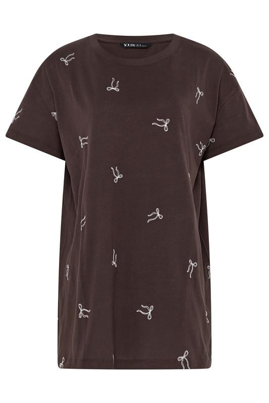 YOURS Plus Size Chocolate Brown Embroidered Bow T-Shirt | Yours Clothing 5