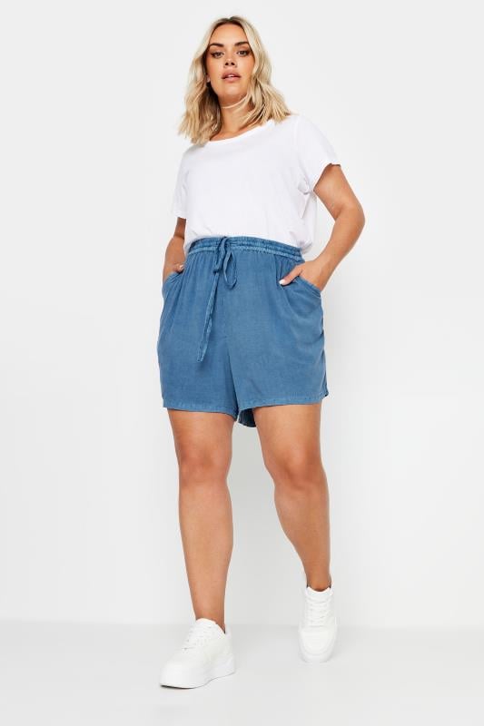 YOURS Plus Size Blue Acid Wash Chambray Shorts | Yours Clothing 3