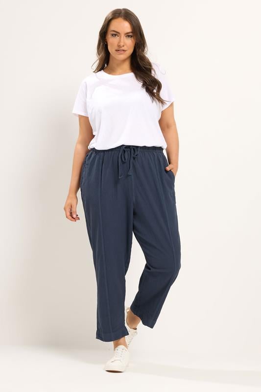 YOURS Plus Size Navy Blue Cool Cotton Barrel Trousers | yours Clothing 1