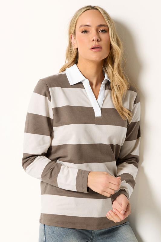 LTS Tall Natural Brown Stripe Rugby Polo T-Shirt
