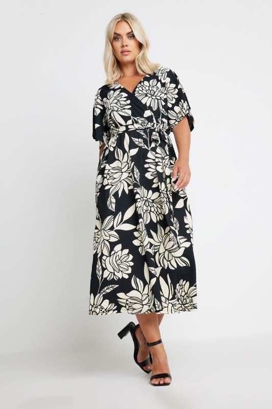 YOURS Plus Size Black Floral Print Textured Wrap Dress | Yours Clothing 1