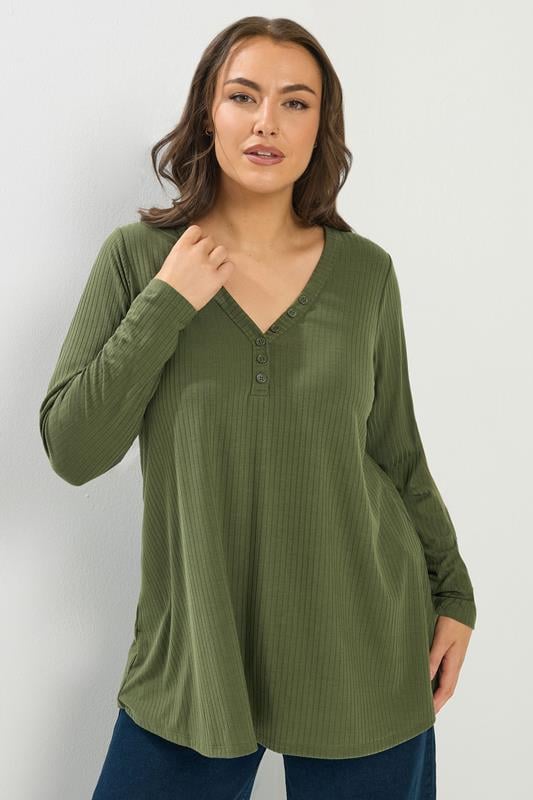 Plus Size  YOURS Curve Khaki Green Henley Swing Top