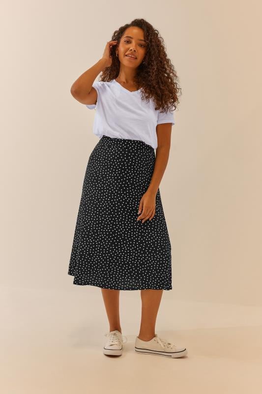 Women's  M&Co Black Polka Dot Print Jersey Midi Skirt