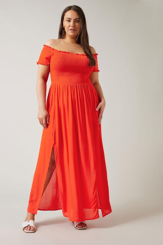 Plus Size  Evans Orange Shirred Bardot Maxi Dress