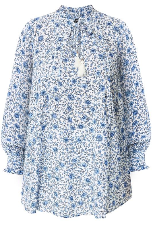 YOURS Plus Size Blue Floral Tie Neck Blouse | Yours Clothing 5