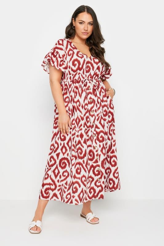 YOURS Plus Size Rust Orange Ikat Print Maxi Dress | Yours Clothing 1