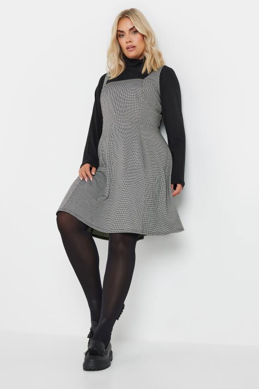 YOURS Plus Size Grey Dogtooth Check Pinafore Dress | Yours Clothing 1