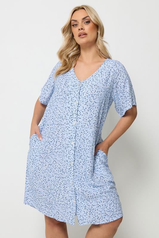  YOURS Curve Blue Ditsy Floral Button Through Tunic Dress