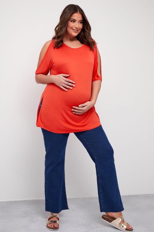 BUMP IT UP MATERNITY Plus Size Orange Cold Shoulder Split Hem Top | Yours Clothing 5