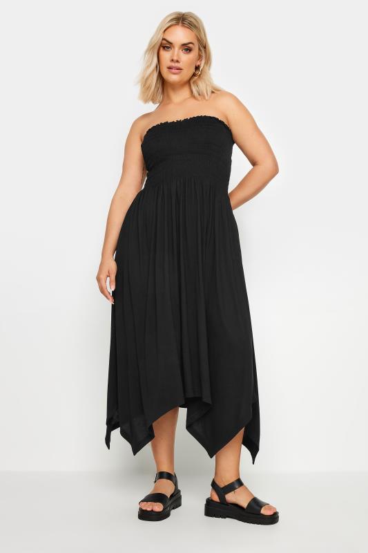 YOURS Plus Size Black Shirred Bandeau Midi Dress | Yours Clothing 2