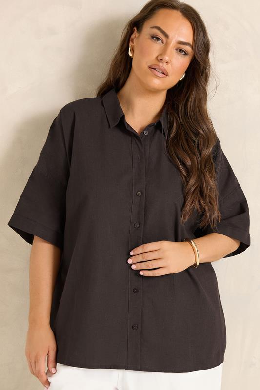  EVANS Curve Brown Cotton Boxy Collard Shirt