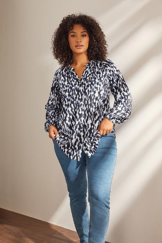 Plus Size  EVANS Curve Black & White Abstract Print Frill Neck Blouse