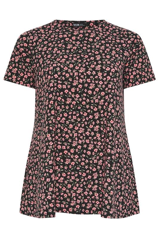 YOURS Plus Size Black Floral Ribbed Swing Top | Yours Clothing 5
