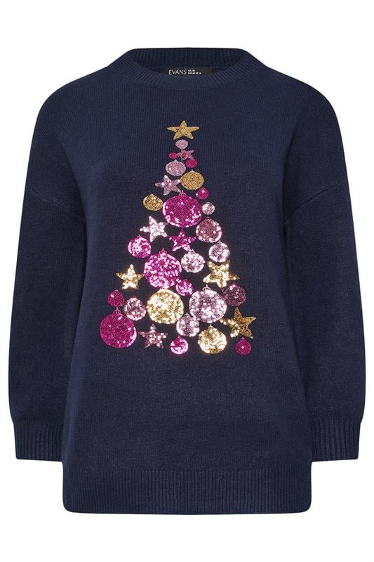 EVANS Plus Size Navy Blue Sequin Embellished Baubles Christmas Jumper | Evans 5