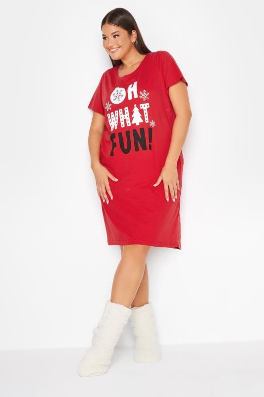 YOURS Plus Size Red 'Oh What Fun' Slogan Christmas Nightdress | Yours Clothing 4