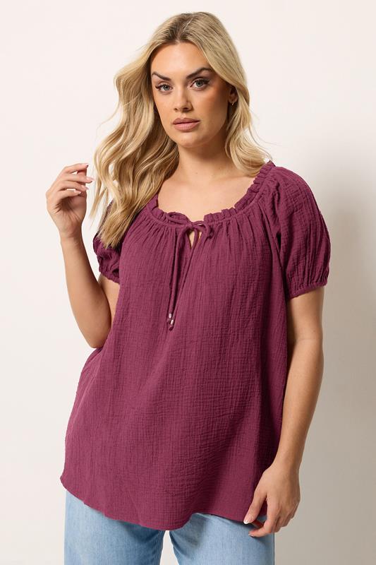 YOURS Curve Burgundy Red Dobby Bardot Cheesecloth Top