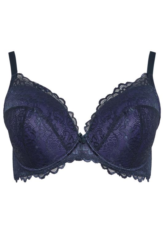 Plus Size Ink Blue Lace Padded Underwired Plunge Bra | Yours Clothing 5