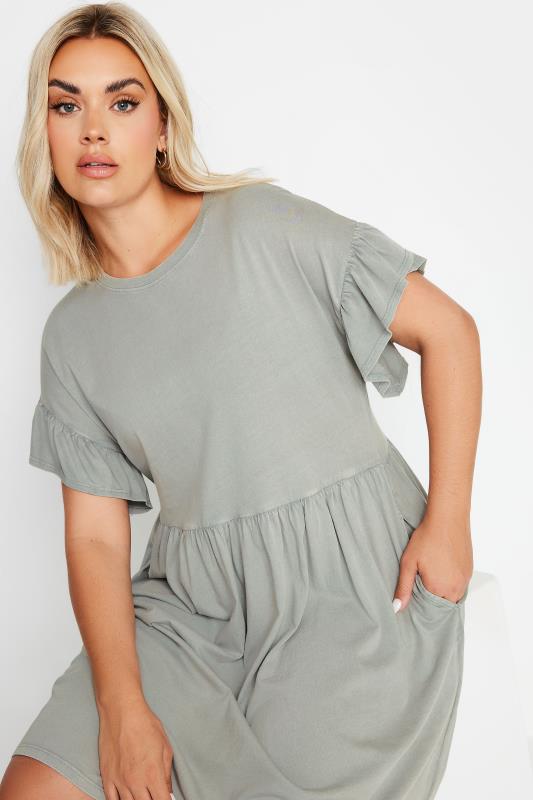 YOURS Plus Size Grey Acid Wash Frill Sleeve Mini Dress | Yours Clothing 4