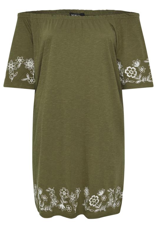 YOURS Plus Size Khaki Green Embroidered Bardot Midi Dress | Yours Clothing 5