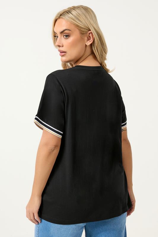 YOURS Plus Size Black Daisy 'Life Is Good' Varsity Trim T-Shirt | Yours Clothing 2