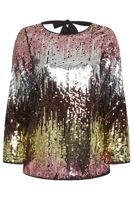 YOURS LONDON Plus Size Pink Bow Back Ombre Sequin Top | Yours Clothing 5