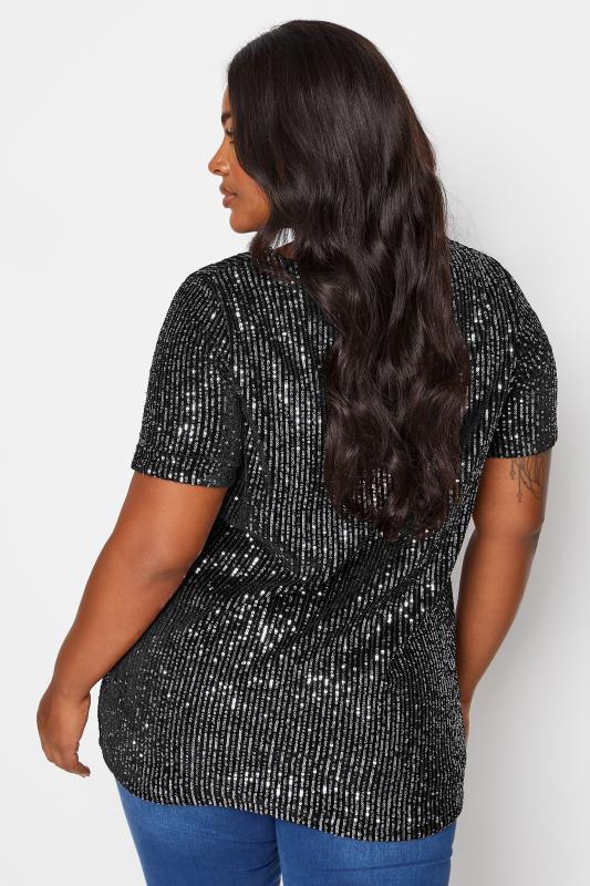 YOURS Plus Size Black & Silver Velvet Sequin Top | Yours Clothing 3