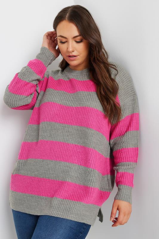 YOURS Plus Size Grey & Pink Stripe Knitted Jumper | Yours Clothing 2