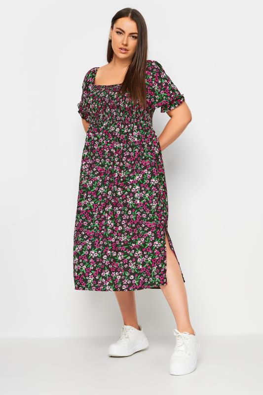 YOURS Plus Size Black & Pink Ditsy Floral Print Shirred Midaxi Dress | Yours Clothing 4