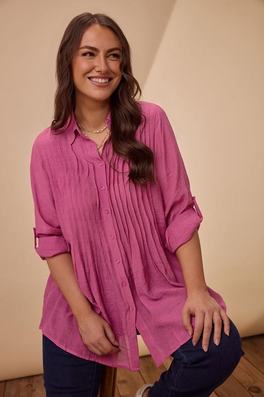 Plus Size  EVANS Curve Pink Pintuck Tab Sleeve Shirt