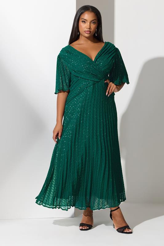 YOURS LONDON Plus Size Green Metallic Dobby Pleated Wrap Dress | Yours Clothing 2