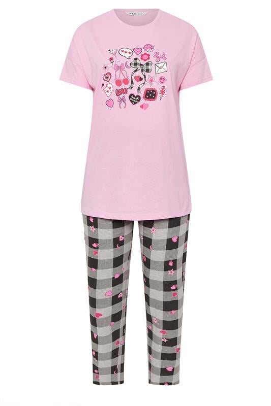 YOURS Plus Size Pink Gingham Bow Wide Leg Pyjama Set | Yours Clothing 5