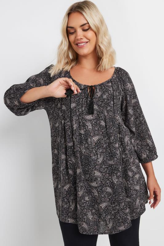 YOURS Plus Size Black Paisley Print Tie Neck Blouse | Yours Clothing 3