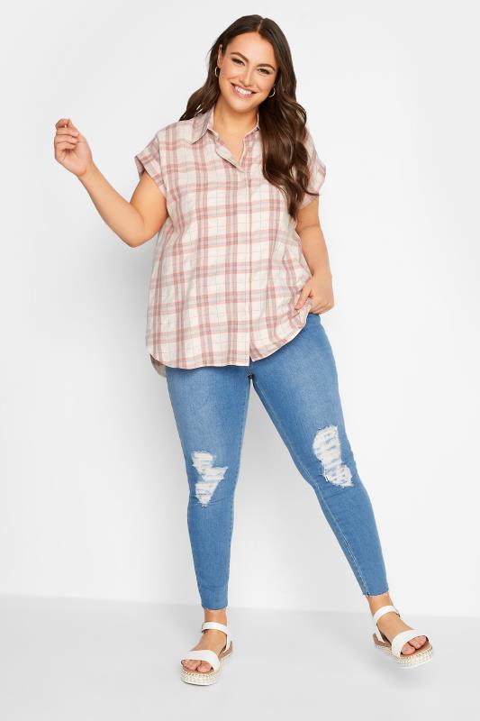 YOURS Plus Size Pink Check Print Collared Shirt  | Yours Clothing 2
