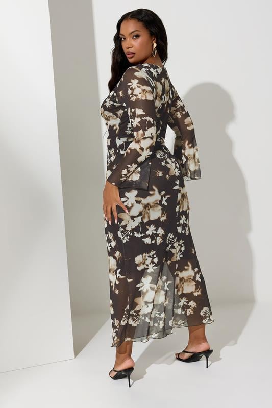 YOURS LONDON Plus Size Natural Brown Floral Mesh Maxi Dress | Yours Clothing 2