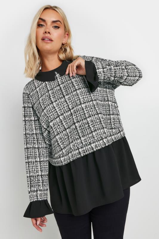 YOURS Plus Size Black Jacquard Check 2-In-1 Top | Yours Clothing 3