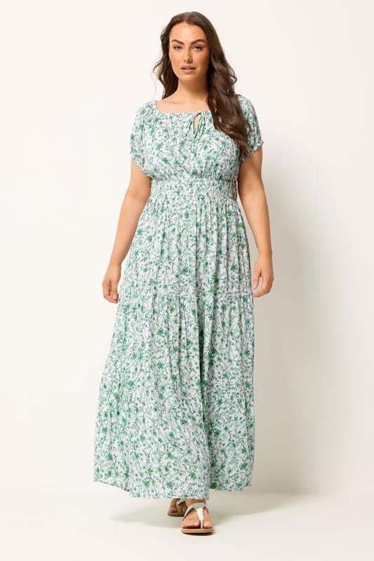 YOURS Plus Size Green Floral Bardot Maxi Dress | Yours Clothing 1
