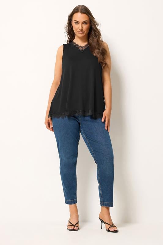 YOURS Plus Size Black Lace Trim Vest Top | Yours Clothing 1