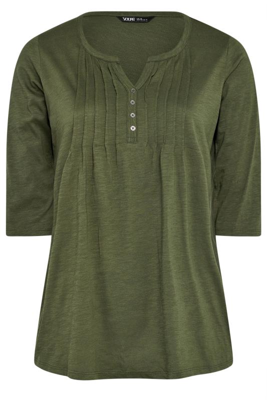 YOURS Plus Size Khaki Green Pintuck Henley Top | Yours Clothing 5