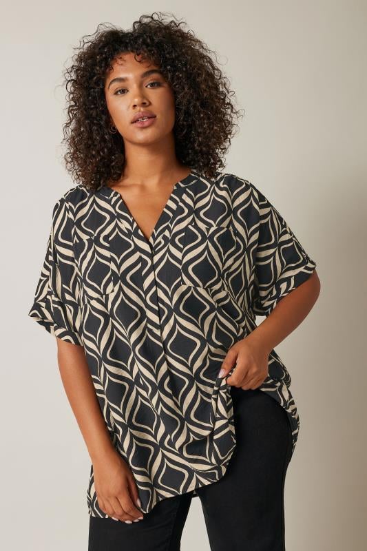 EVANS Plus Size Black Geometric Print Overhead Utility Shirt | Evans 1