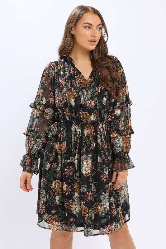 YOURS Plus Size Black Floral Metallic Tie Neck Mini Dress | Yours Clothing 1