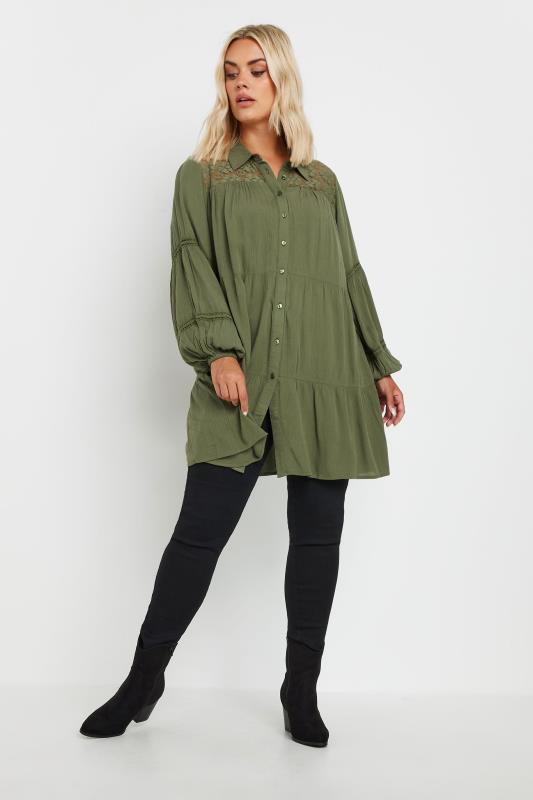 YOURS Plus Size Khaki Green Tiered Lace Shirt | Yours Clothing  2