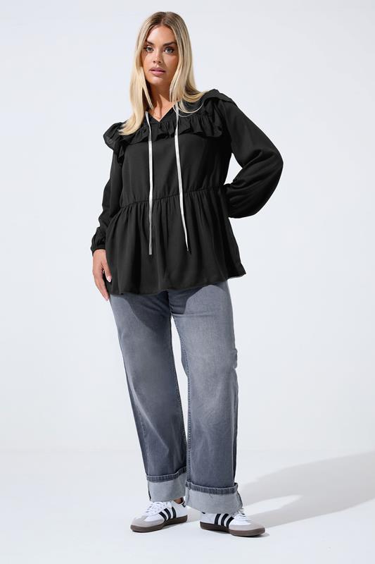 LIMITED COLLECTION Plus Size Black Tie Neck Frill Blouse | Yours Clothing 2